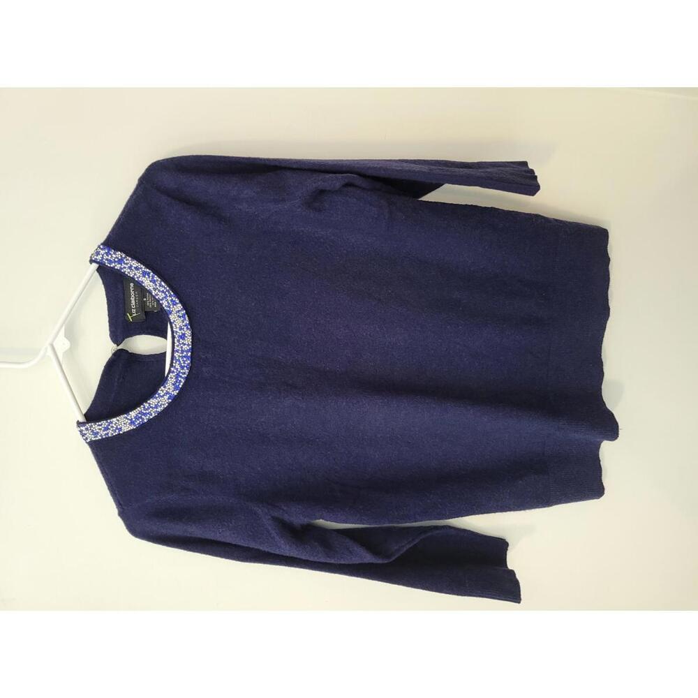 Liz Claiborne Career Navy Blue Sweater with Embellished Neckline, Size S